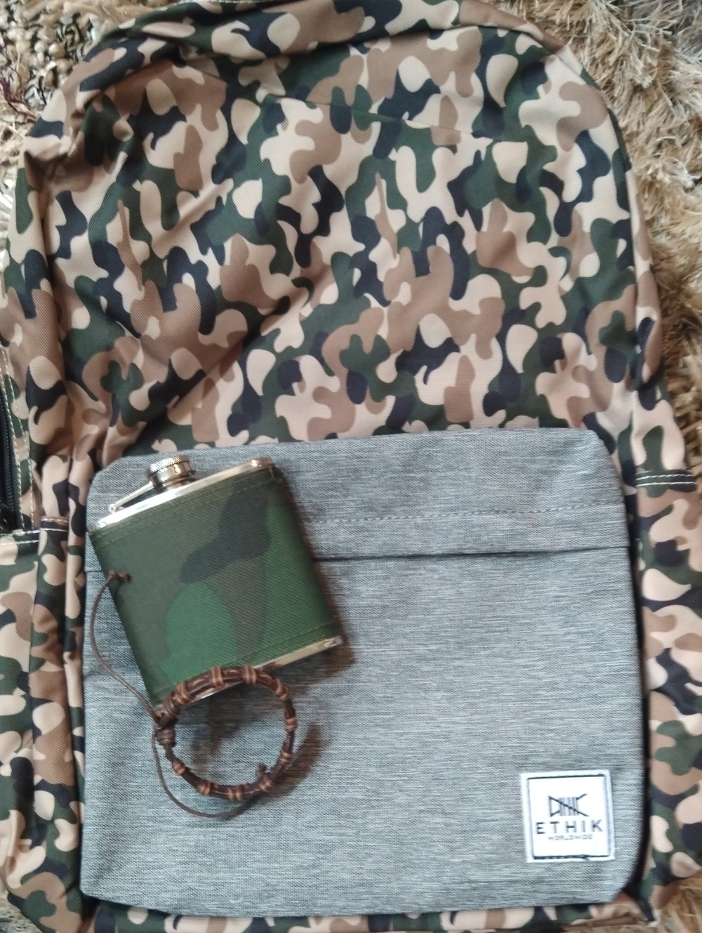 New ETHIK Grey Front-Panel Camo Backpack with Camo Flask & Leather Bracelet